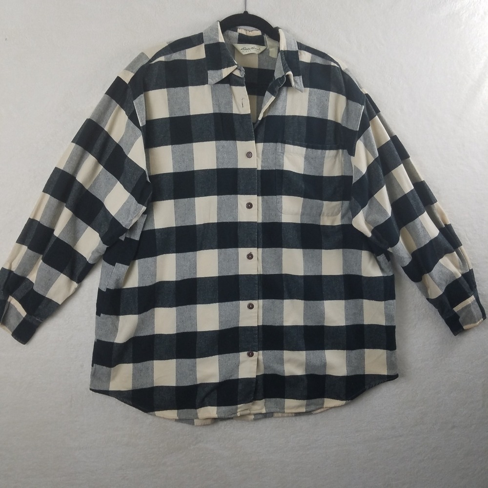 Flannel Shirt Eddie Bauer Mens Plaid Cream Black Button Up Long Sleeve M M